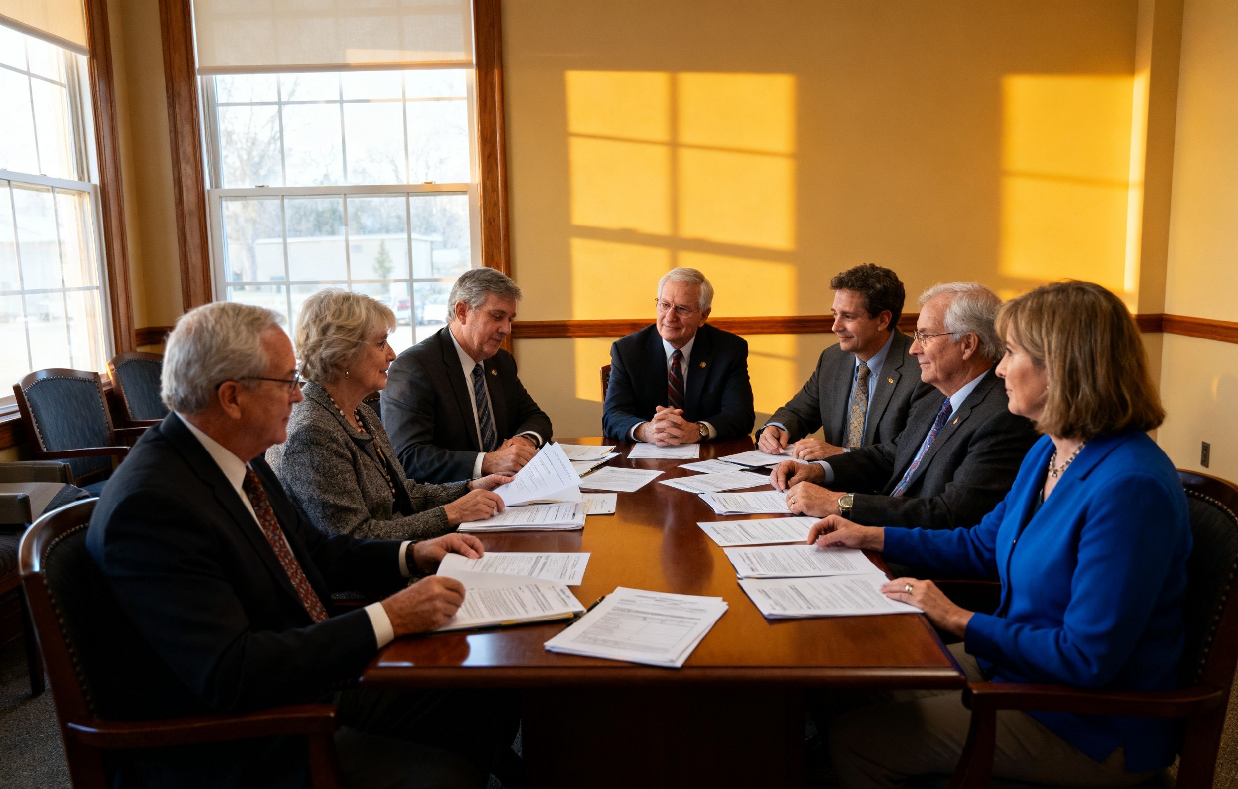 Trustees discussing grant applications in a modest meeting room